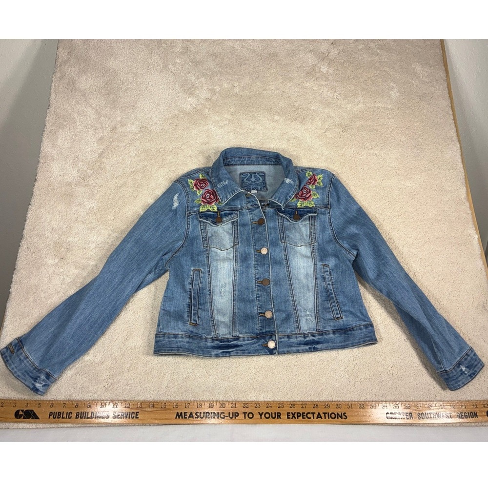 Rare Vintage Odyn Womens XL Floral Embroidered‎ Denim Jacket Distressed